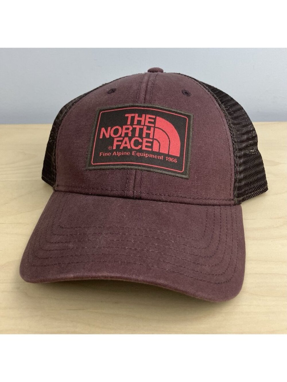 The North Face Mesh Snapback Trucker Hat Maroon Brown Patch Logo